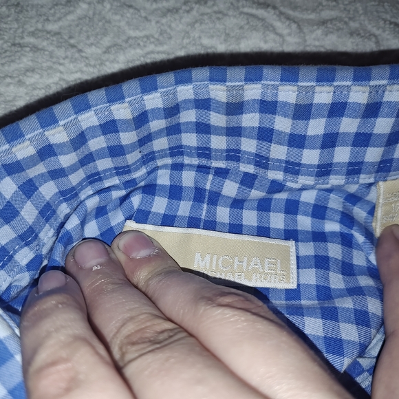 Michaels Blue Gingham Men's Dress Shirt, Large Size - Picture 2 of 2
